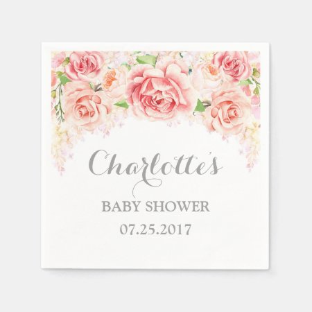 Pink Watercolor Flowers Baby Shower Paper Napkins