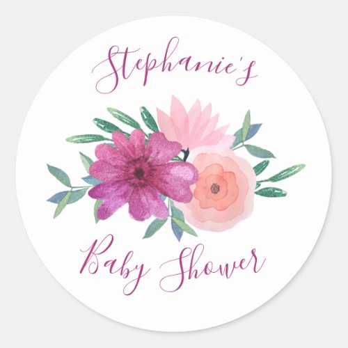 Pink Watercolor Flowers Baby Shower Personalized Classic Round Sticker