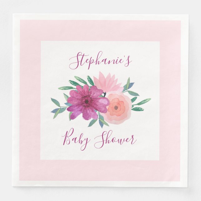 Pink Watercolor Flowers Baby Shower Personalized Paper Dinner Napkins (Front)