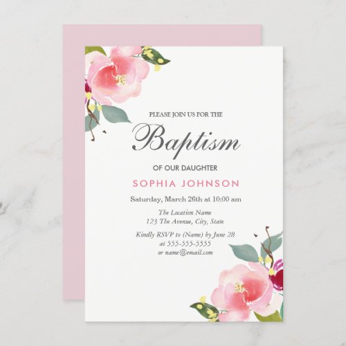 Pink Watercolor Flowers Baptism Christening Invite