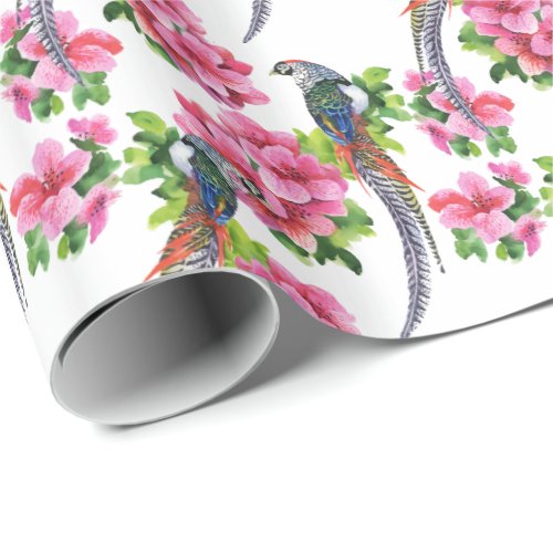 Pink Watercolor Flowers  Birds Pattern Wrapping Paper