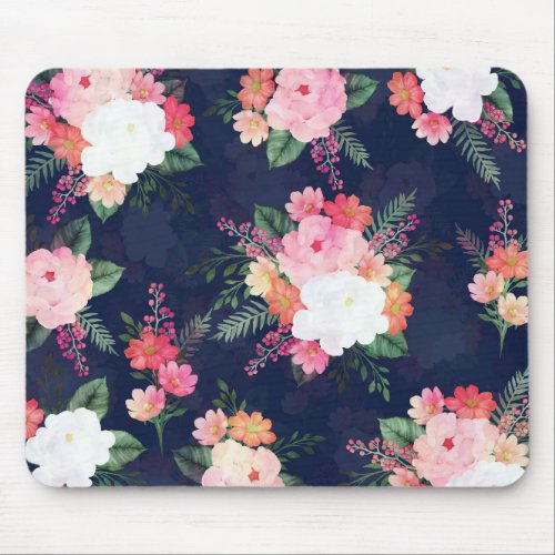 Pink Watercolor Flowers Blue Design Mouse Pad