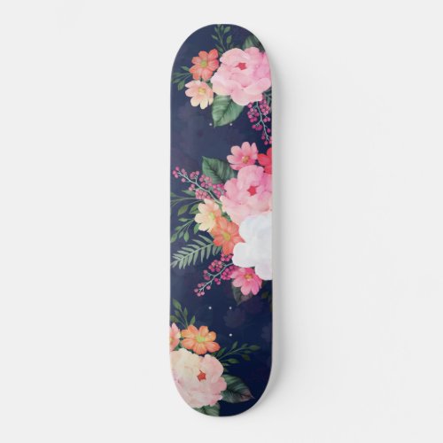 Pink Watercolor Flowers Blue Design Skateboard