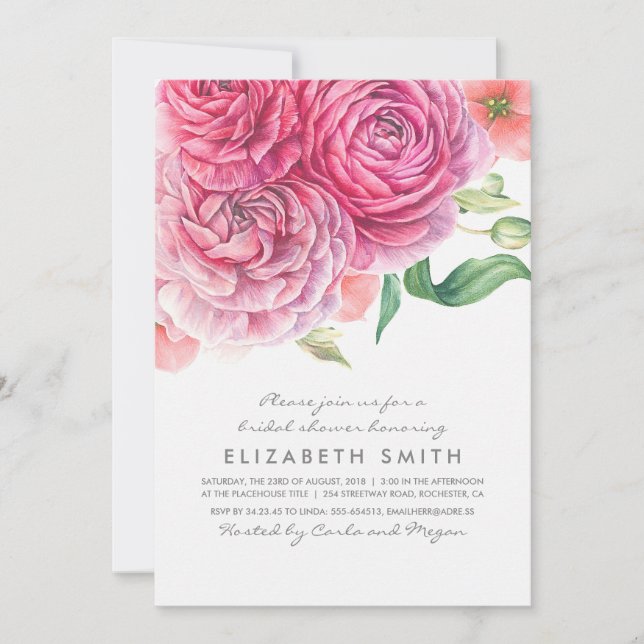 Pink Watercolor Flowers Botanical Bridal Shower Invitation (Front)