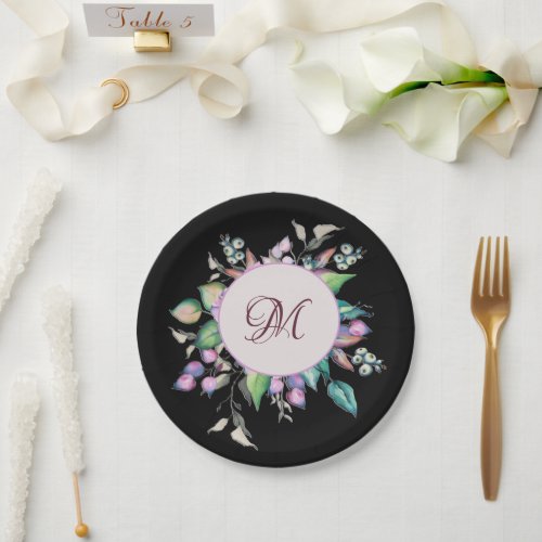  Pink Watercolor Flowers Botanical Monogram Paper Plates