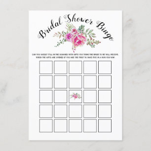 Pink watercolor flowers bridal bingo game card