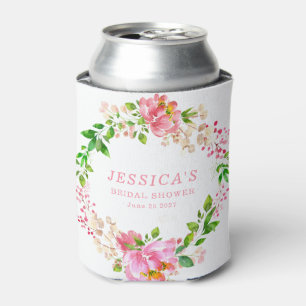 Pink Watercolor Flowers Bridal Shower Custom Can Cooler