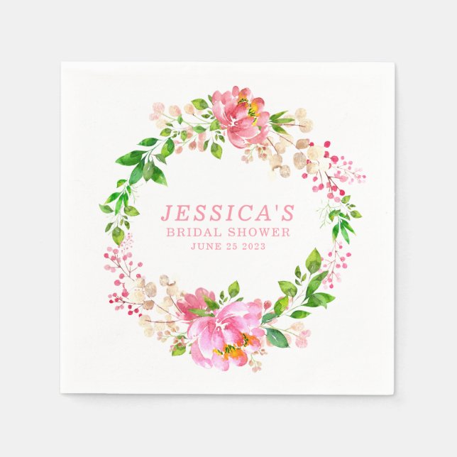 Pink Watercolor Flowers Bridal Shower Custom Paper Napkins (Front)