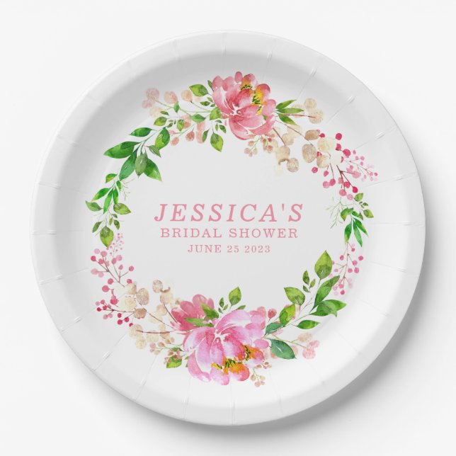 Pink Watercolor Flowers Bridal Shower Custom Paper Plates (Front)