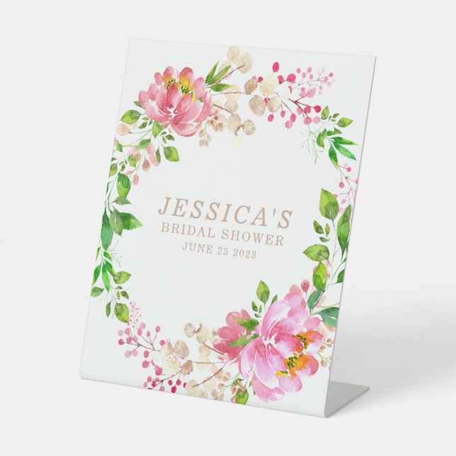 Pink Watercolor Flowers Bridal Shower Custom  Pedestal Sign (Front)