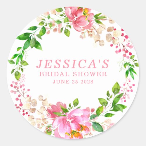 Pink Watercolor Flowers Bridal Shower Favor Classic Round Sticker