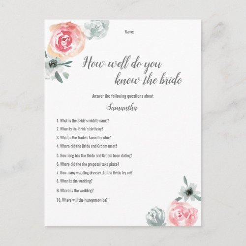 Pink watercolor flowers Bridal Shower Game Announcement Postcard