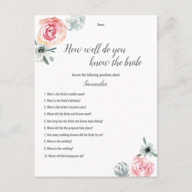 Pink watercolor flowers Bridal Shower Game Announcement Postcard (Front)
