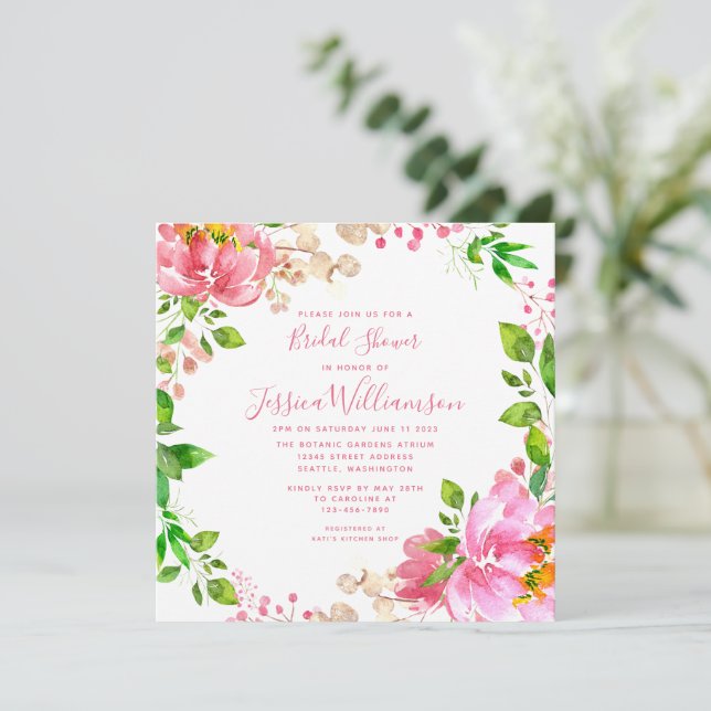 Pink Watercolor Flowers Bridal Shower  Invitation (Standing Front)