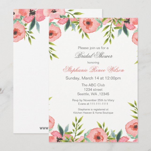 Pink Watercolor Flowers Bridal Shower Invitations (Front/Back)