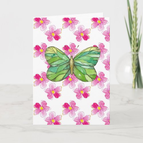 Pink Watercolor Flowers Butterfly Happy Birthday Card