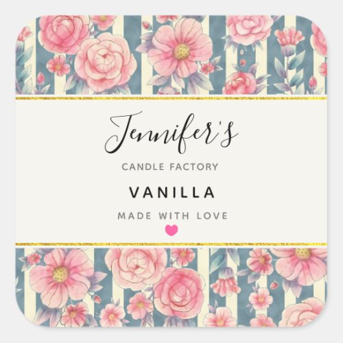 Pink Watercolor Flowers Candle Soap Scent Square Sticker