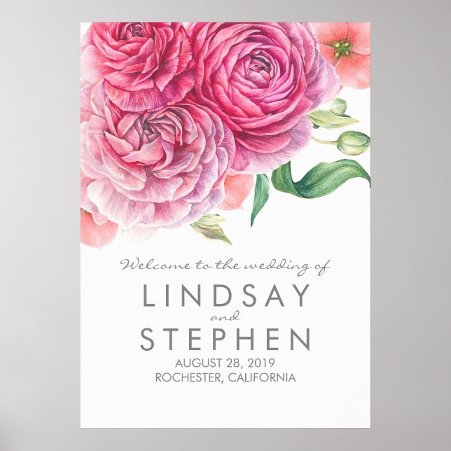 Pink Watercolor Flowers Chic Wedding Welcome Sign (Front)