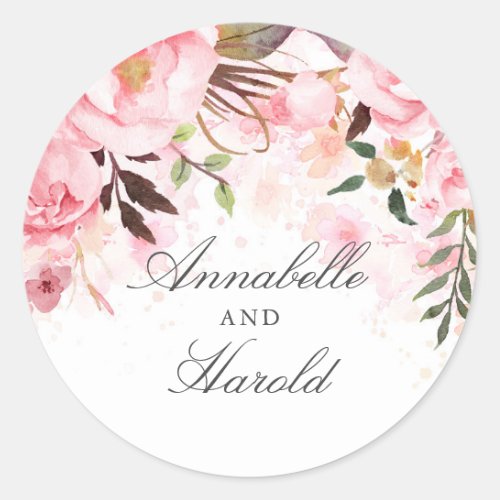 Pink Watercolor Flowers Classic Round Sticker