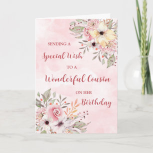 Pink Watercolor Flowers Cousin Birthday Card
