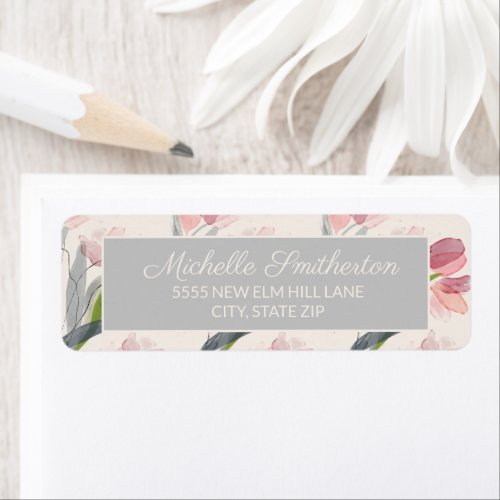 Pink Watercolor Flowers Cream Elegant Script Label