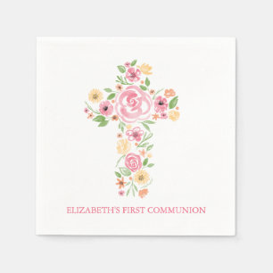 Pink Watercolor Flowers Cross First Communion Paper Napkins