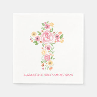 Pink Watercolor Flowers Cross First Communion Paper Napkins