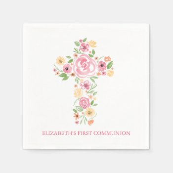 Pink Watercolor Flowers Cross First Communion Paper Napkins by labellarue at Zazzle