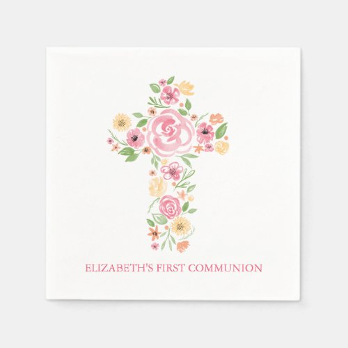 Pink Watercolor Flowers Cross First Communion Paper Napkins