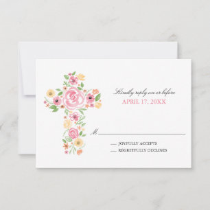 Pink Watercolor Flowers Cross First Holy Communion RSVP Card