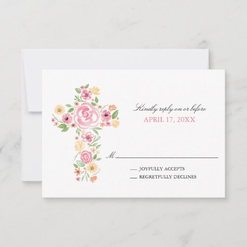 Pink Watercolor Flowers Cross First Holy Communion RSVP Card