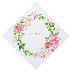 Pink Watercolor Flowers Custom Graduation Cap Topper