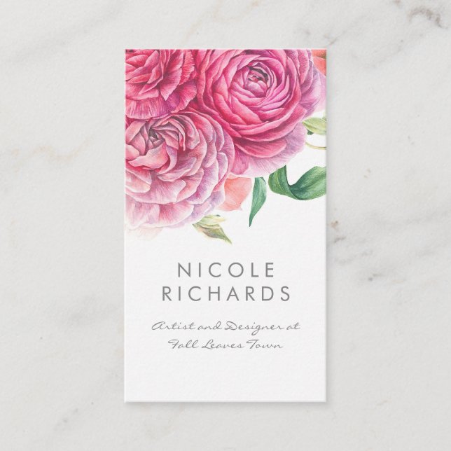 Pink Watercolor Flowers Elegant Botanical and Chic Business Card (Front)