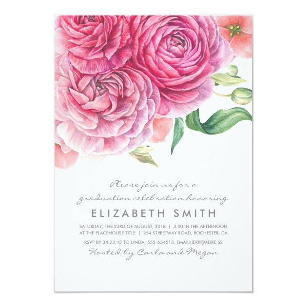 Pink Watercolor Flowers Elegant Modern Graduation Invitation
