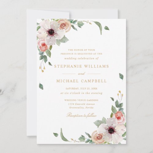 Pink Watercolor Flowers Elegant Wedding Invitation