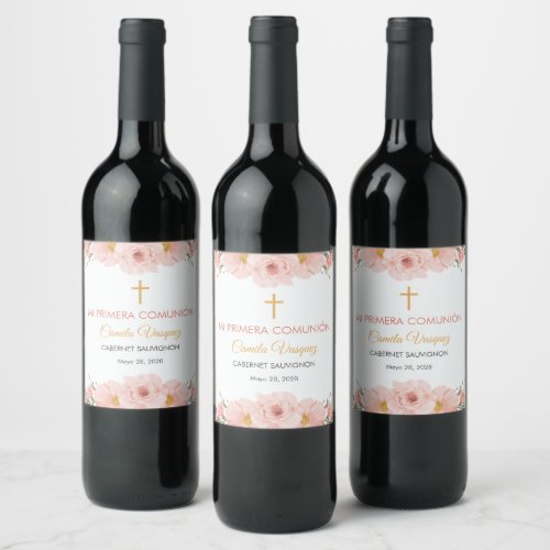 Pink Watercolor Flowers First holy Communion Cute Wine Label