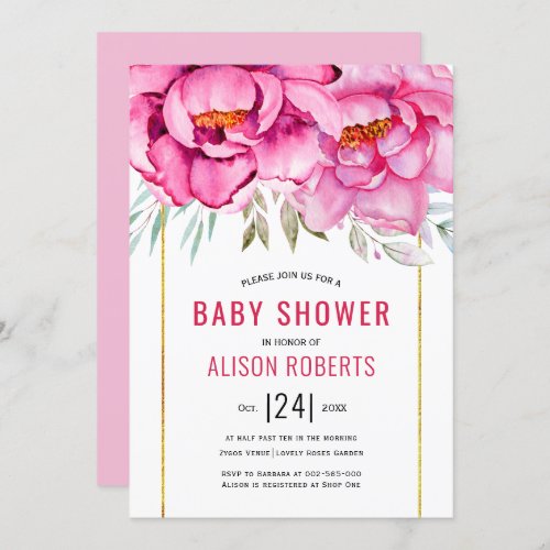 Pink watercolor flowers floral girl Baby shower Invitation