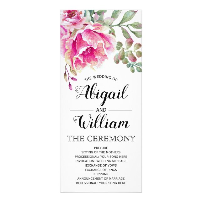 Pink watercolor flowers floral wedding program (Front)