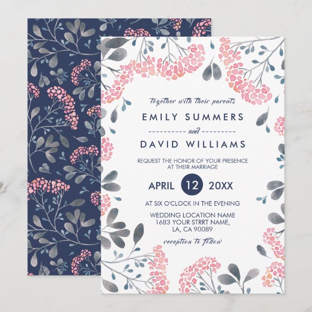 Pink Watercolor Flowers Frame Wedding Invite (Front/Back)