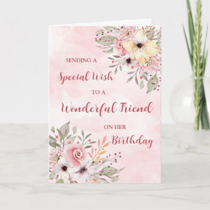 Pink Watercolor Flowers Friend Birthday Card