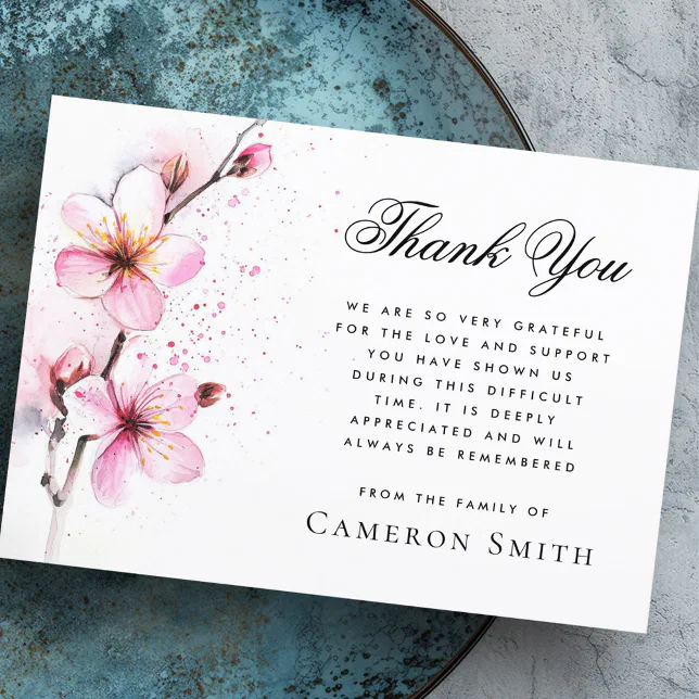 Pink watercolor flowers funeral sympathy thank you card | Zazzle