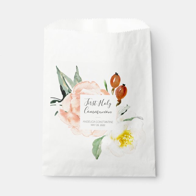 Pink Watercolor Flowers Girls Communion Favor Bag (Front)