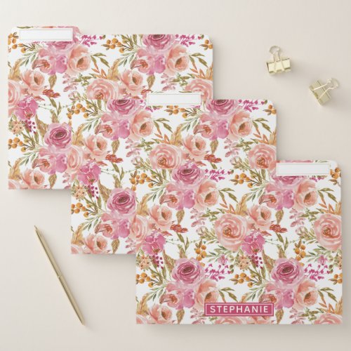 Pink Watercolor Flowers Girly Floral Personalized File Folder