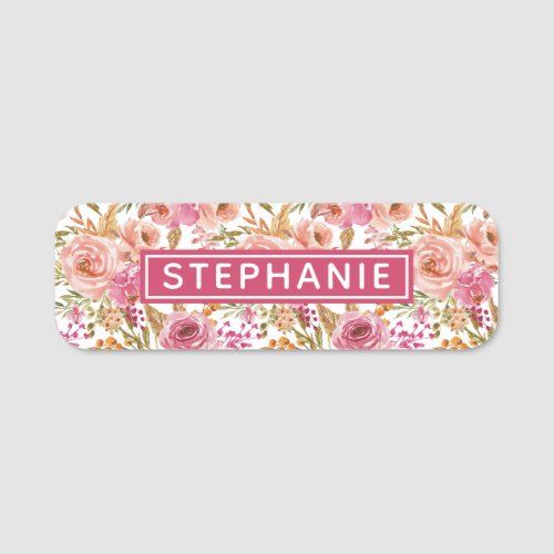 Pink Watercolor Flowers Girly Floral Personalized Name Tag