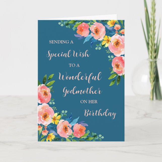 Pink Watercolor Flowers Godmother Birthday Card (Front)