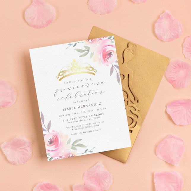 Pink Watercolor Flowers & Gold Tiara Quinceañera Invitation Postcard