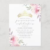 Pink Watercolor Flowers & Gold Tiara Quinceañera Invitation Postcard (Front)