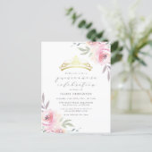 Pink Watercolor Flowers & Gold Tiara Quinceañera Invitation Postcard (Standing Front)