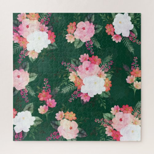 Pink Watercolor Flowers Green Design Jigsaw Puzzle