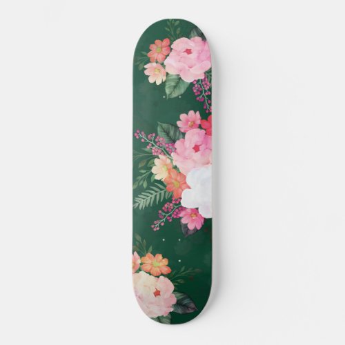 Pink Watercolor Flowers Green Design Skateboard